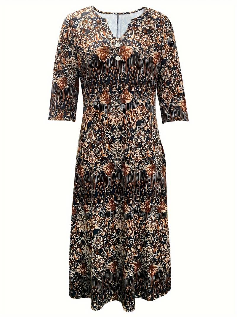 Midi Dress With Floral Print And 3/4 Sleeves